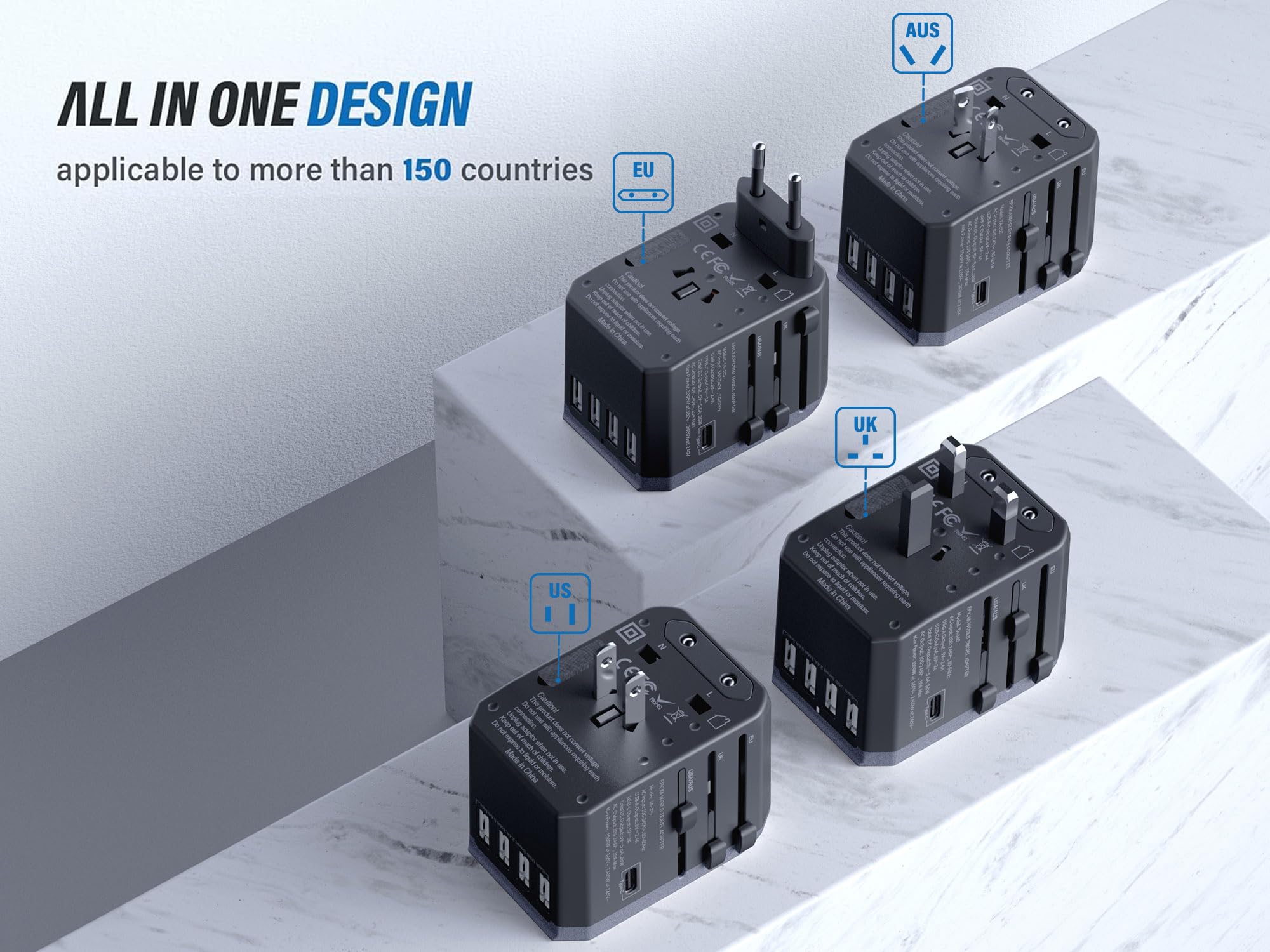 EPICKA Universal Travel Adapter – 6-in-1 Worldwide Plug with USB-C & 4 USB-A Ports (Grey)