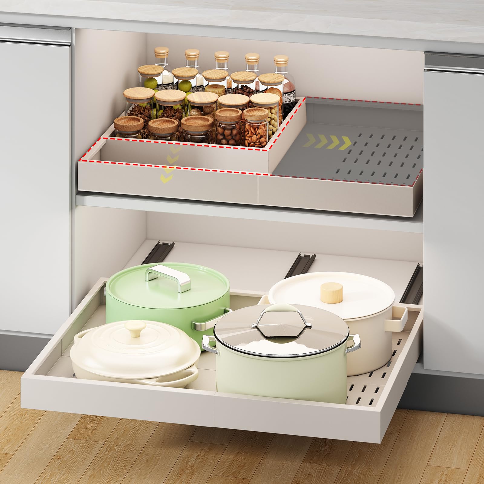 Expandable Pull-Out Cabinet Organizer – Adjustable Width & Depth, 3-Rail No-Drill Slide-Out Drawers (White)