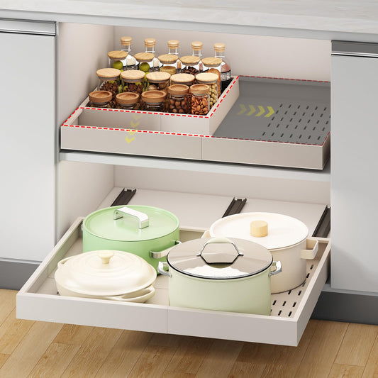 Expandable Pull-Out Cabinet Organizer – Adjustable Width & Depth, 3-Rail No-Drill Slide-Out Drawers (White)