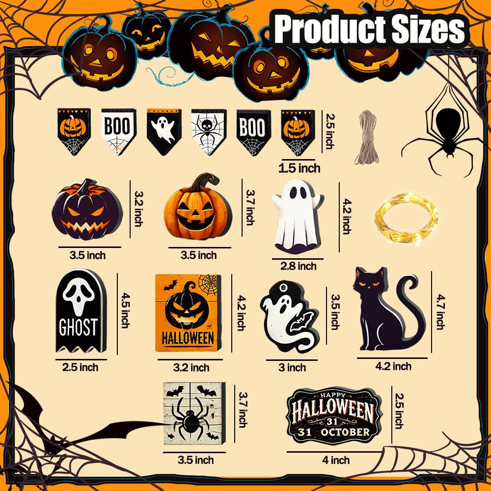 Halloween Tiered Tray Decor Set – 17-Piece Wooden Sign Kit with Warm Lights, Ghosts, Pumpkins & Cats