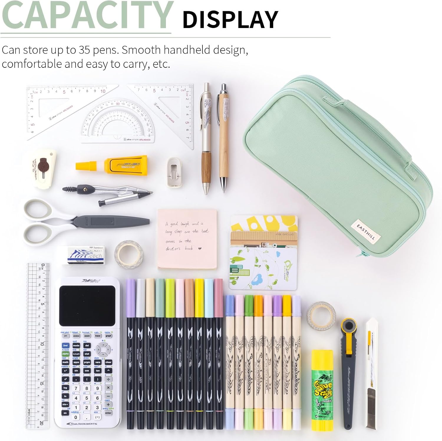 Green Large-Capacity Pencil Case with Carry Handle