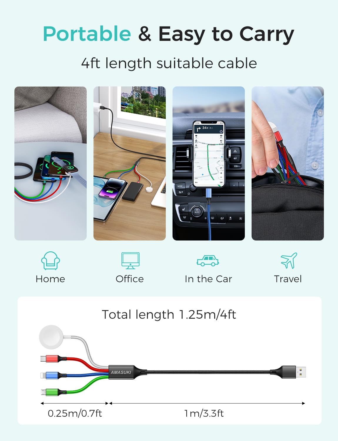 4-in-1 Multi Charging Cable with iWatch Magnetic Charger – Universal USB C, Lightning & Micro USB Fast Charging Cable for iPhone, Apple Watch, iPad, Samsung & Travel Devices
