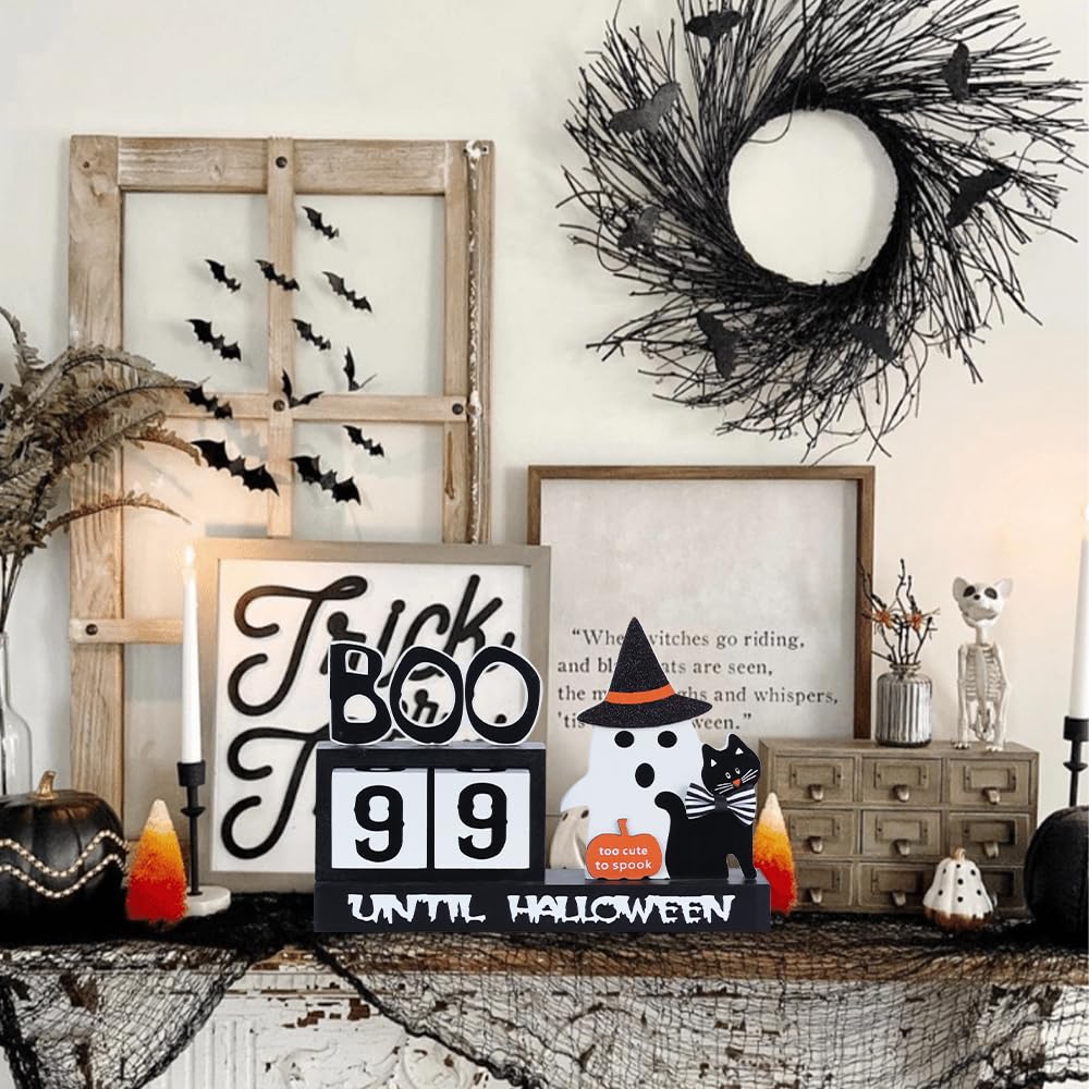 Halloween Countdown Wooden Block Decor – 99 Days to Halloween with Ghost, Cat & Pumpkin Ornaments