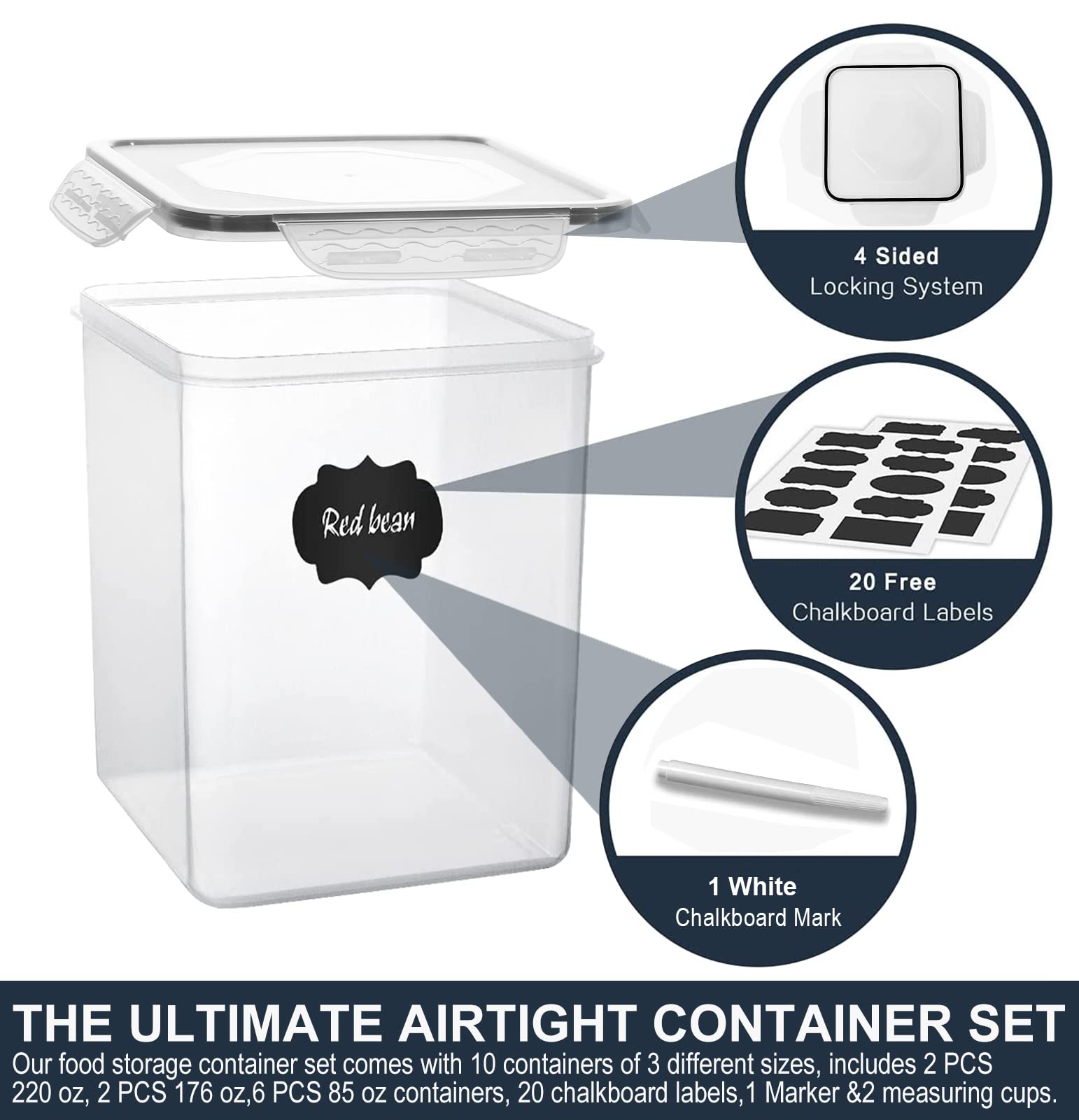 10-Piece Airtight Pantry Storage Containers Set – BPA-Free Stackable Dry Food Canisters with Labels & Measuring Cups (Black)