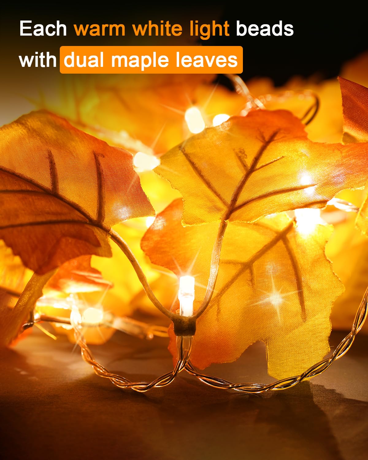 Maple Leaf String Lights – 2 Pack 8.2ft Battery Operated Fall Garland with 40 LEDs & 80 Leaves, Warm Yellow Thanksgiving & Autumn Decor