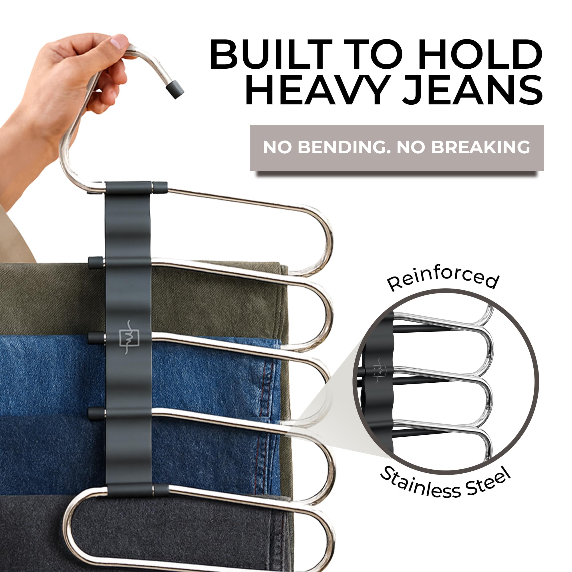 MORALVE Space-Saving Pants Hangers – 5-Tier Non-Slip Multi-Layer Closet Organizer for Trousers & Skirts (Black, 2-Pack)