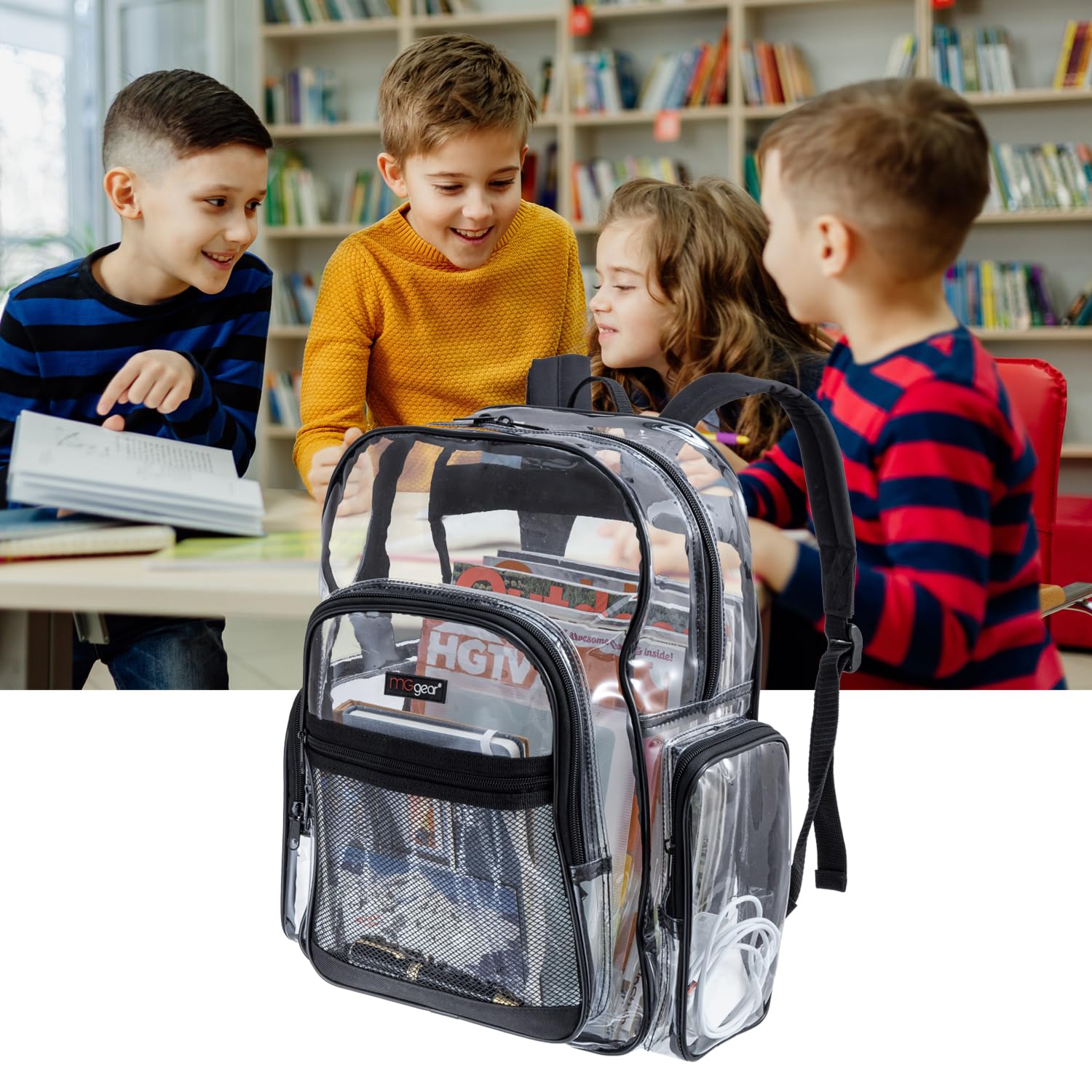 MGgear 17 Inch Clear PVC Backpack with 5 Zipper Compartments – School & Event Bag