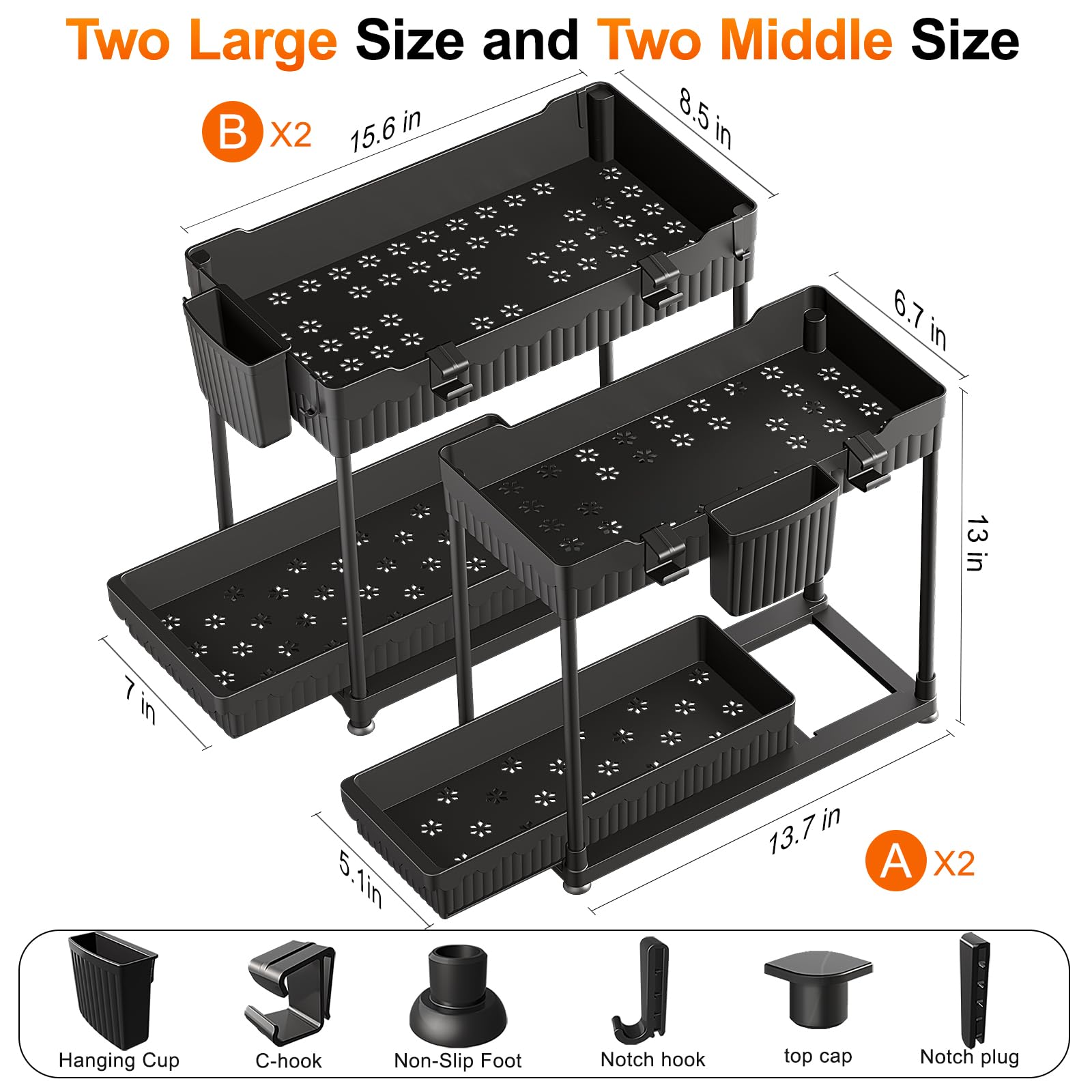 4-Pack Under Sink Organizer Set – 2-Tier Pull-Out Storage with Hooks & Cups (Black)