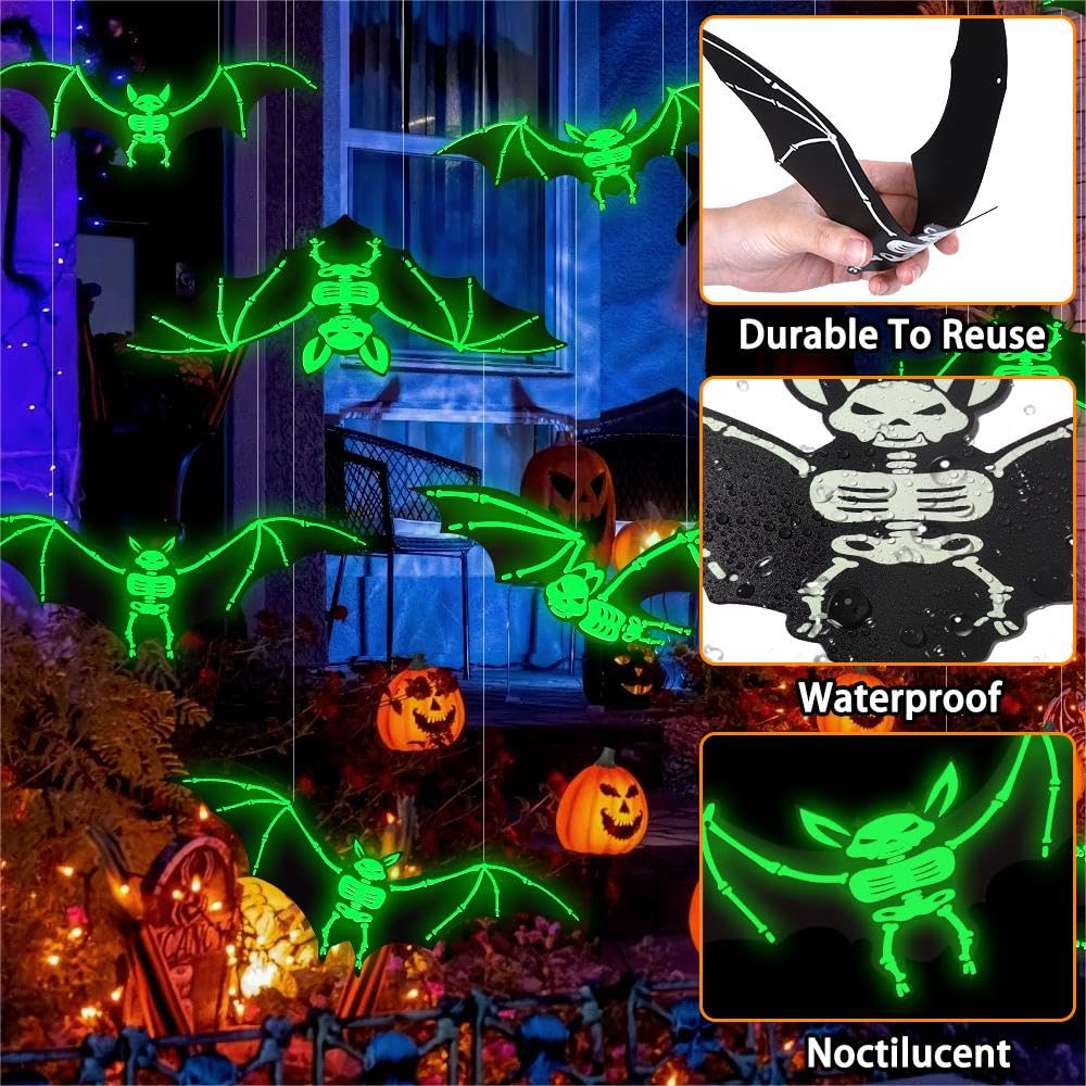 Halloween Glowing Hanging Bats – 12 Pack (Black, Glow-in-the-Dark Eyes)