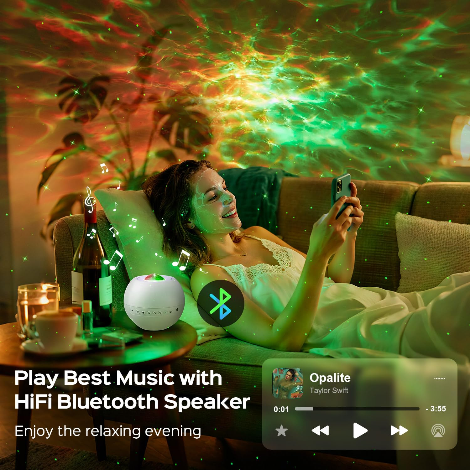 4-in-1 Galaxy Star Projector with Bluetooth Speaker – 15 Colors Aurora Night Light & White Noise Machine