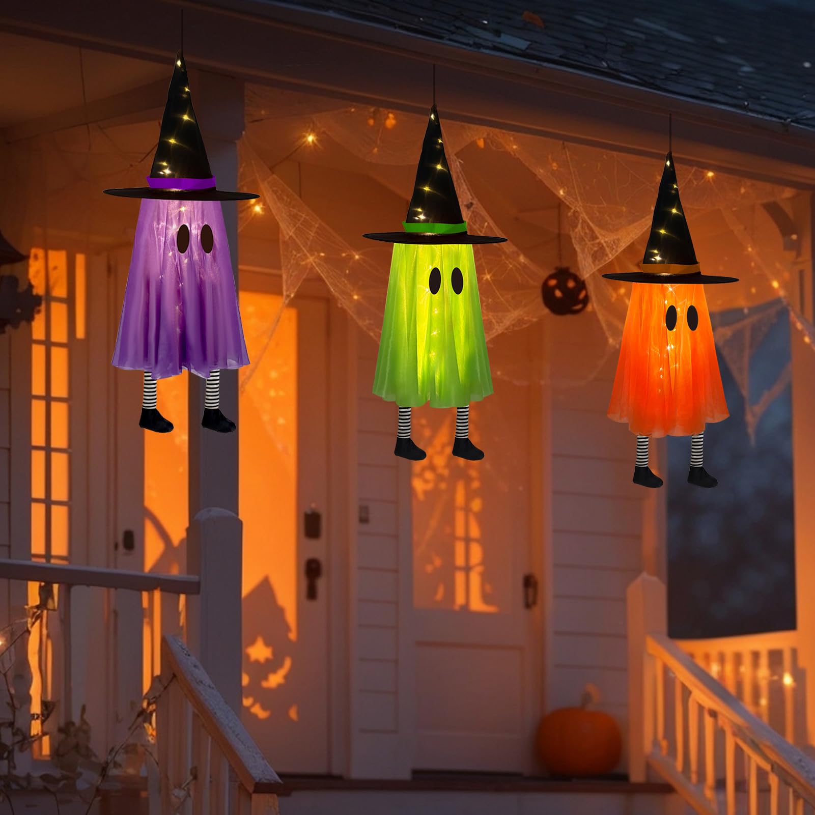 Hanging Light-Up Ghost Trio – 3-Piece Halloween Decoration Set with LED String Lights in Orange, Purple & Green