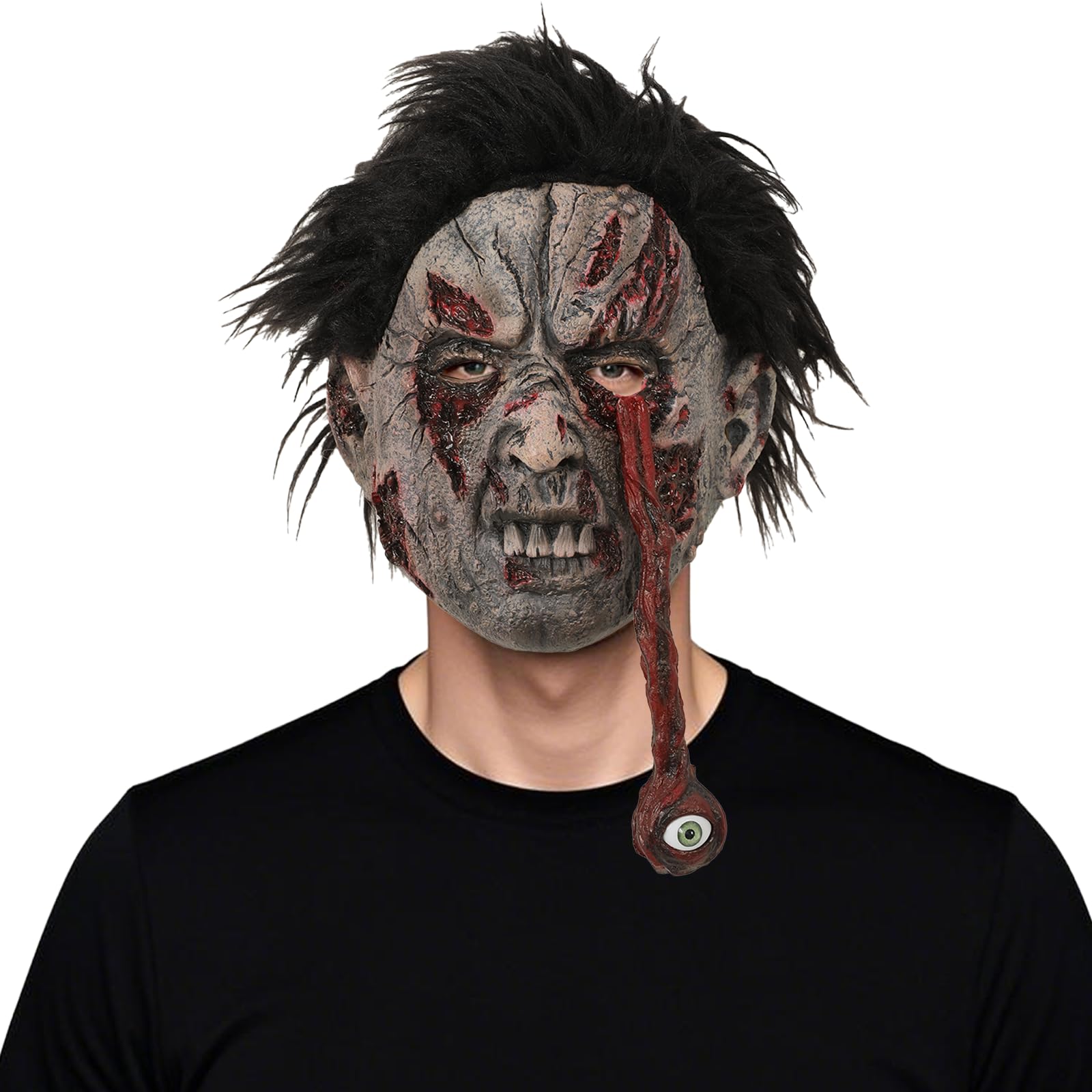 Realistic Bloody Zombie Mask – Falling Eyeball Latex Horror Mask with Hair for Adults 🧟‍♂️💀
