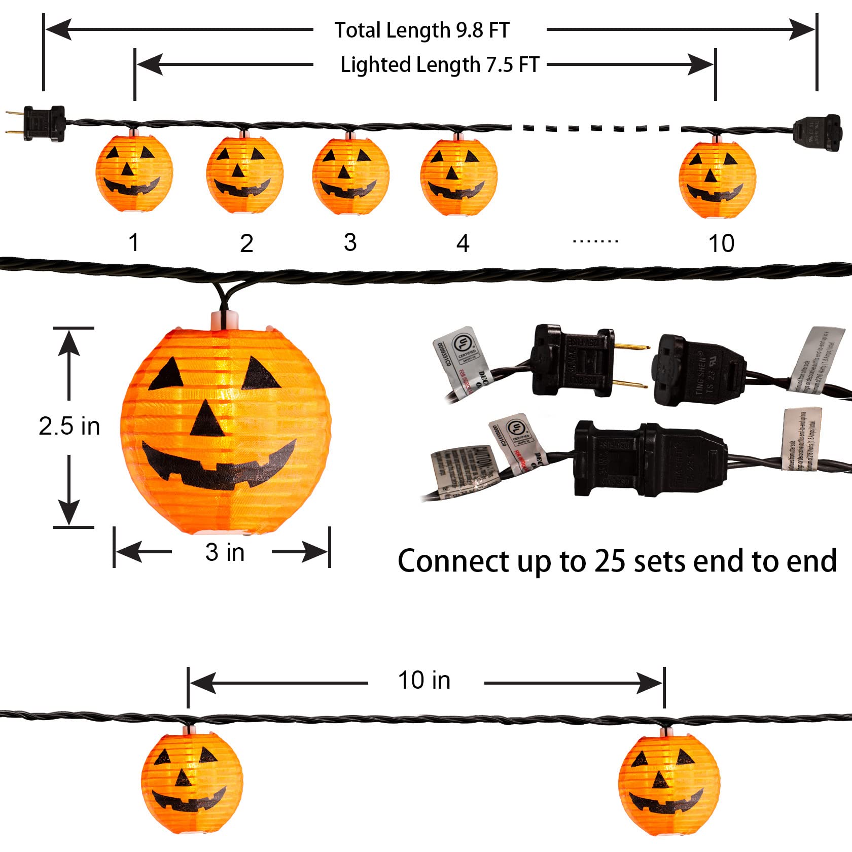 Fabric Halloween Pumpkin Lantern String Lights – 9.8FT Plug-In Jack-O’-Lantern Lights with Warm White Glow, UL Certified & Waterproof (10 Lanterns)