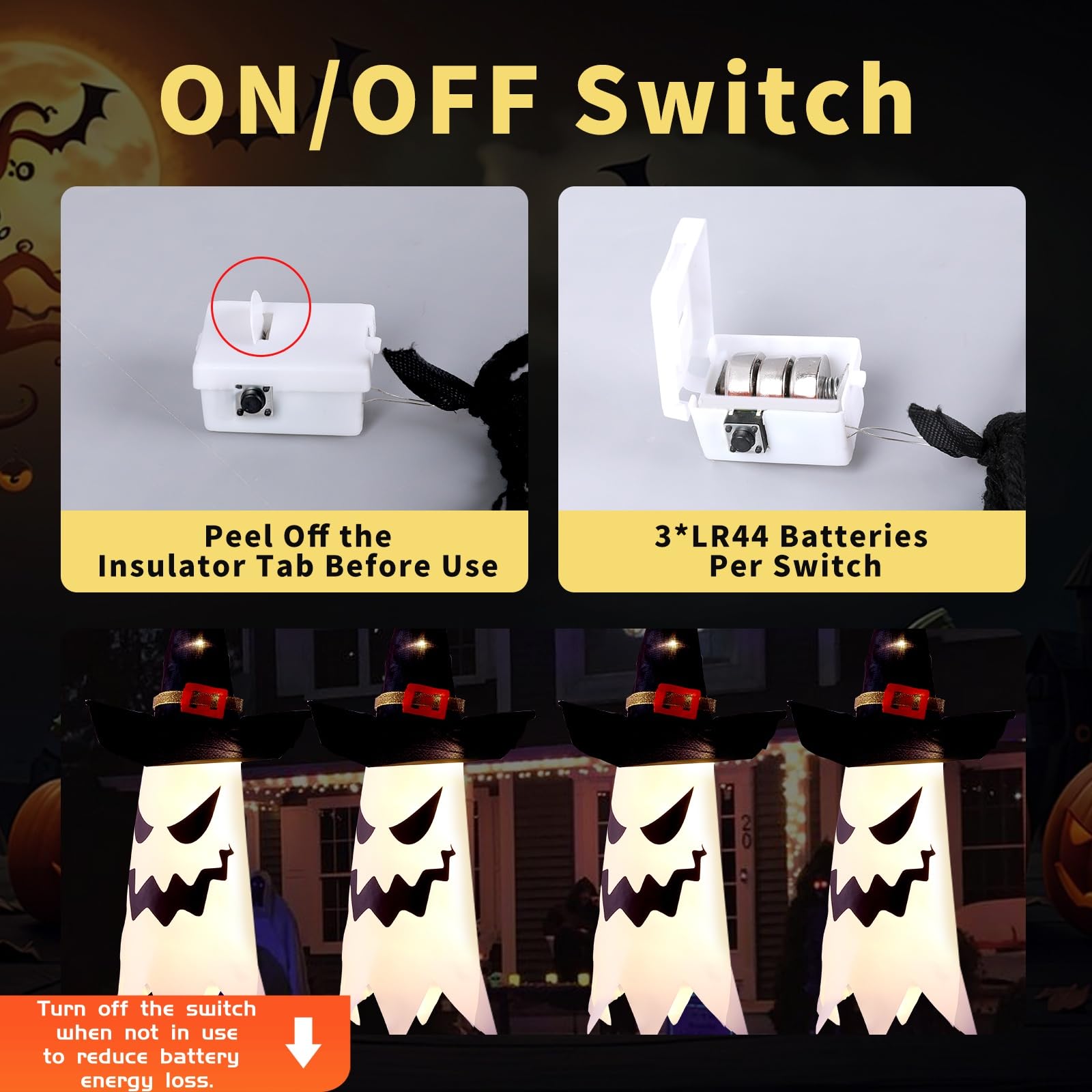 Halloween Lighted Ghost Witch Hats – 4 Pack Hanging LED Decorations with 3 Flash Modes for Indoor & Outdoor Use (Warm White)