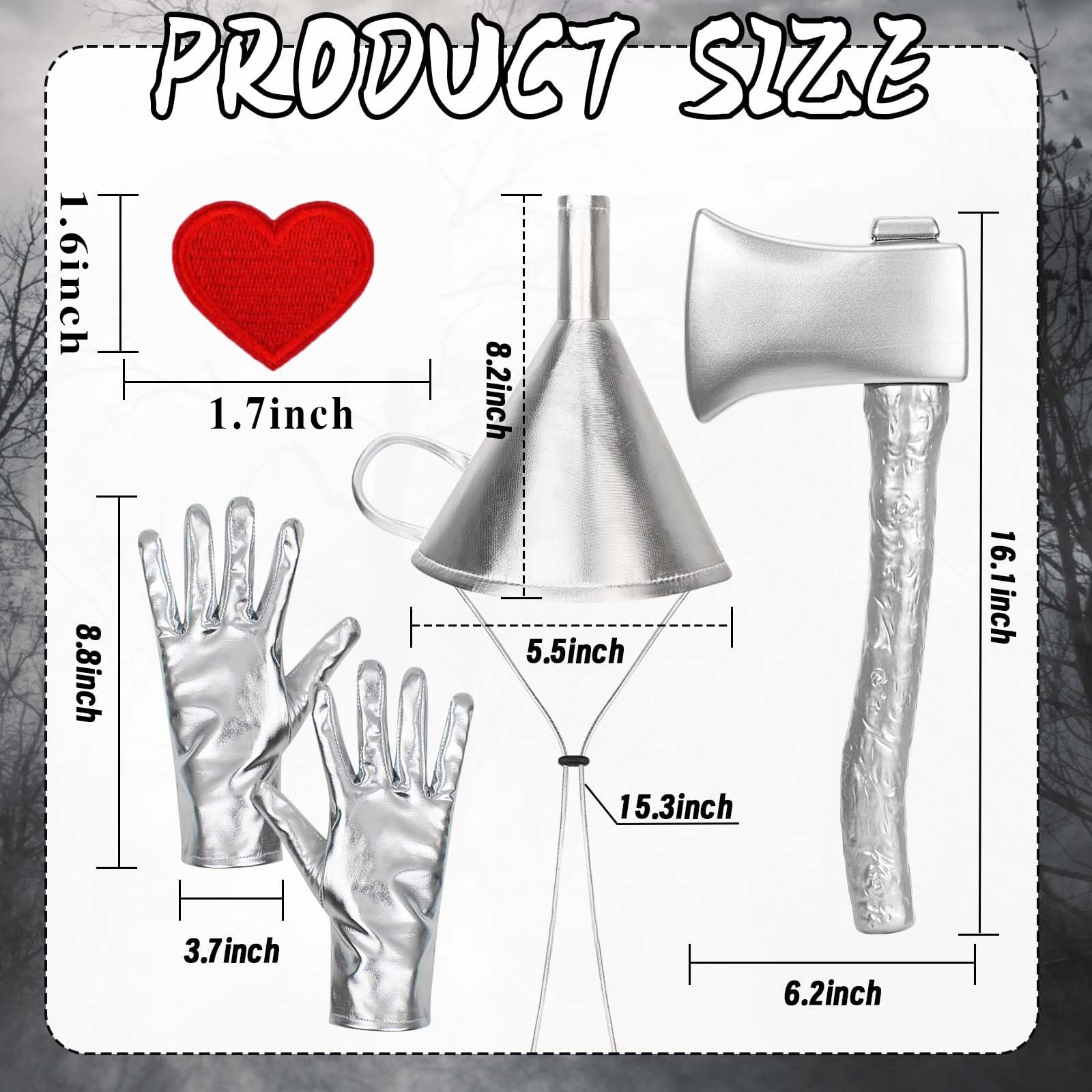 Tin Man Costume Accessory Set – Silver Funnel Hat, Axe, Gloves & Heart Patch 🌪️❤️✨