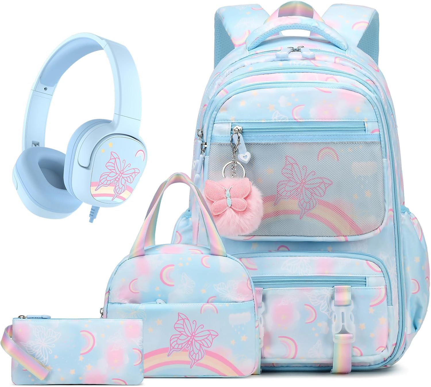 Rainbow Butterfly Backpack for Girls with Lunch Bag & Pencil Case Set, Kids School Backpack for Kindergarten, Elementary & Middle School Students