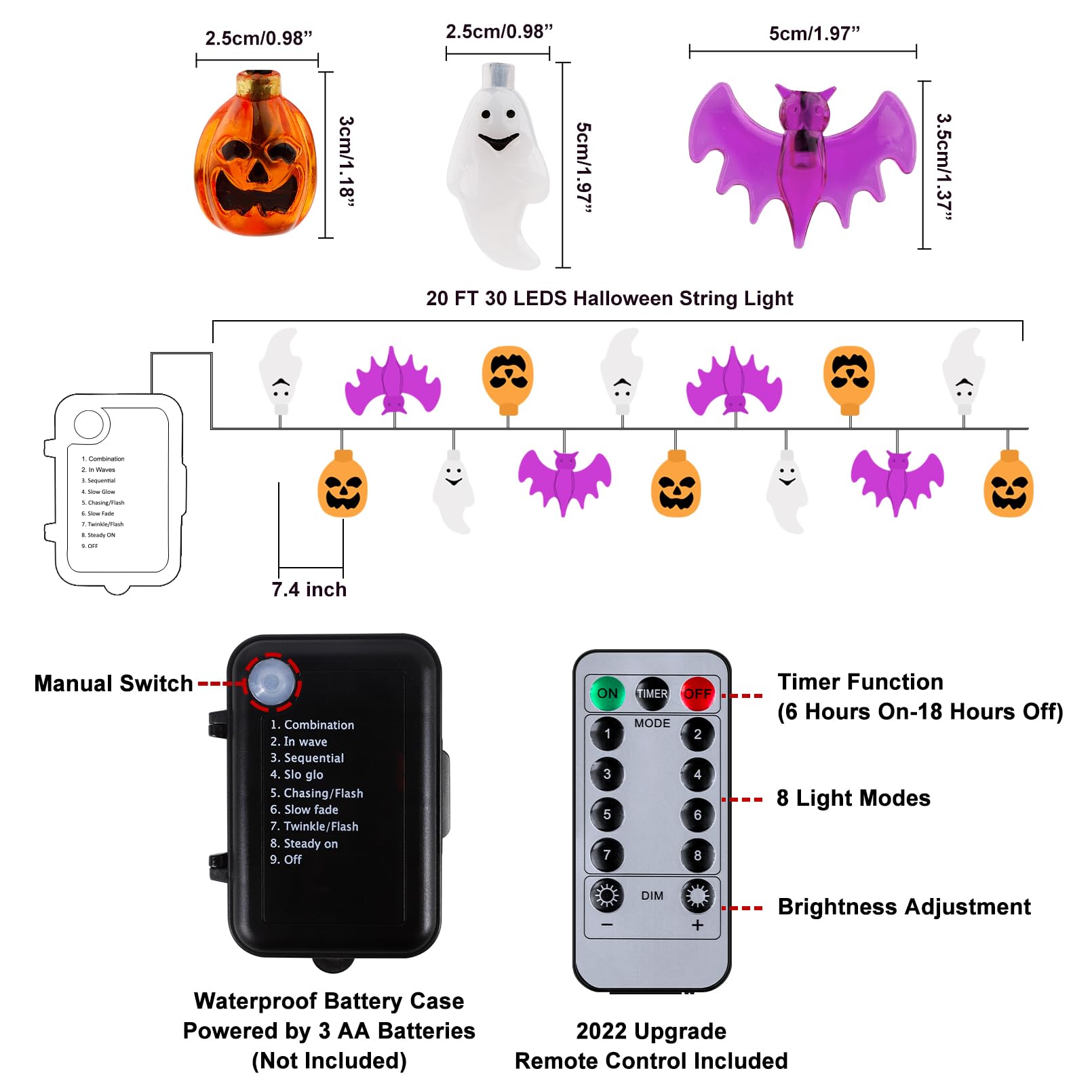 Pumpkin, Bat & Ghost Halloween String Lights – 30 LED 20Ft Battery Operated Waterproof Lights with Timer & 8 Lighting Modes (Indoor/Outdoor Décor)