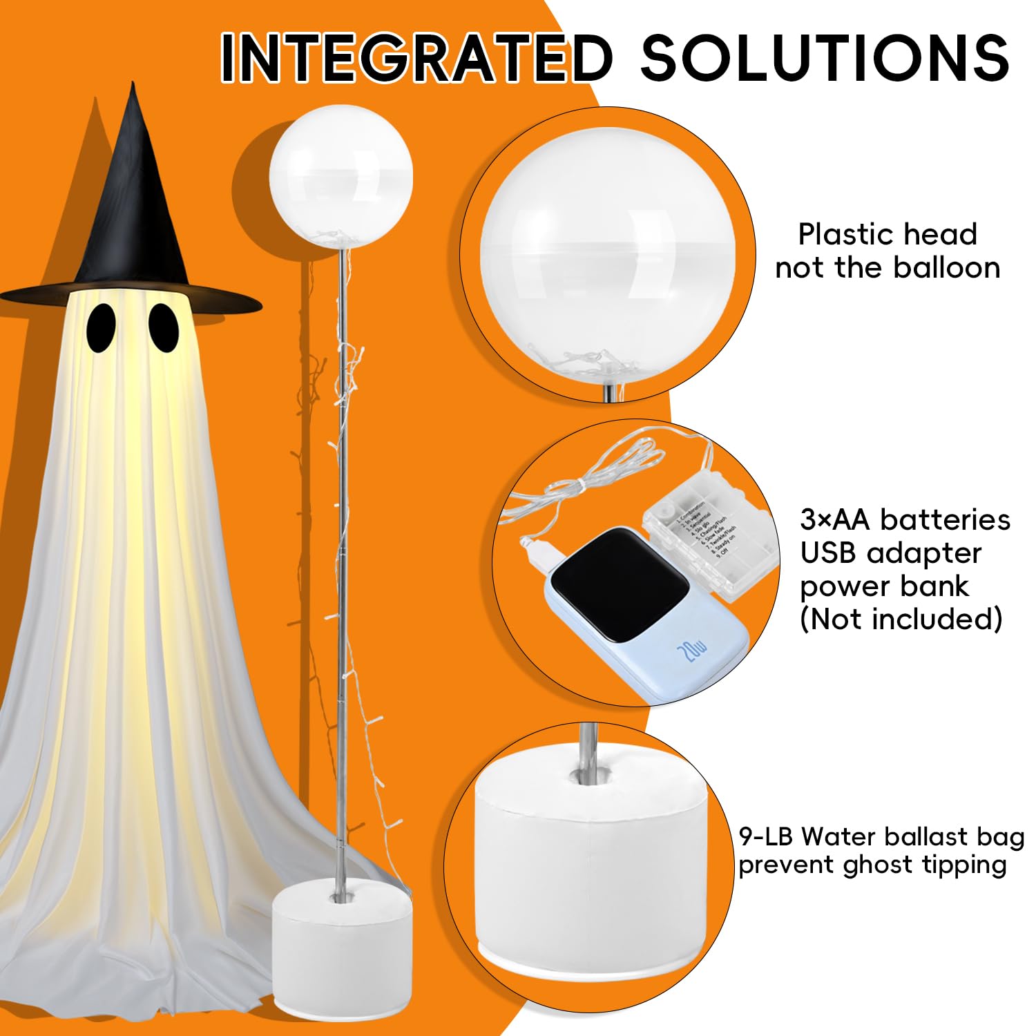 5FT Light-Up Halloween Ghost Decoration – Dual Power (USB/Battery) with 8 Lighting Modes, Remote & Water-Weighted Base (White)