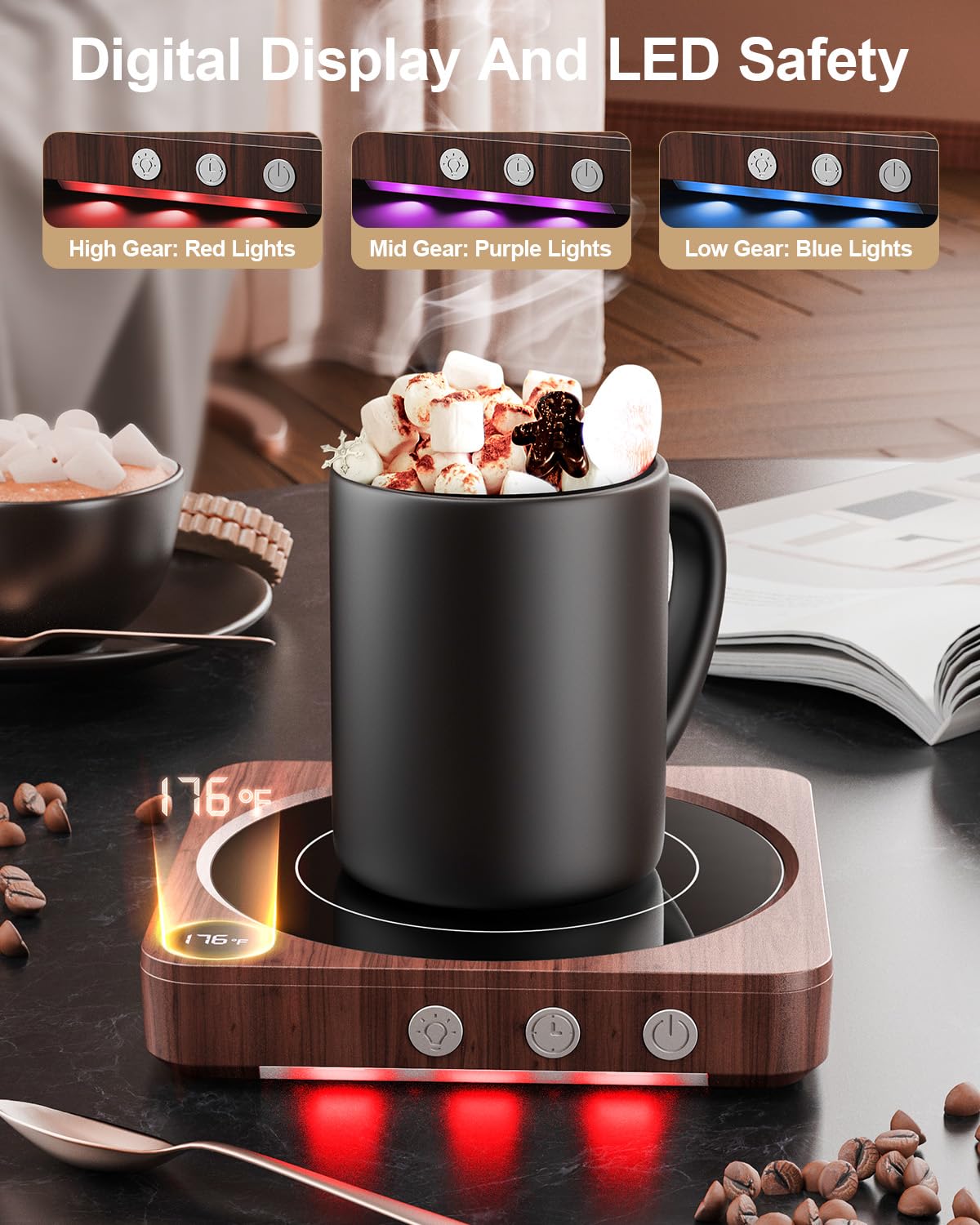 House Gem Smart Mug Warmer 36W Coffee Cup Heater with Temperature Display Timer Auto Shut Off Wood