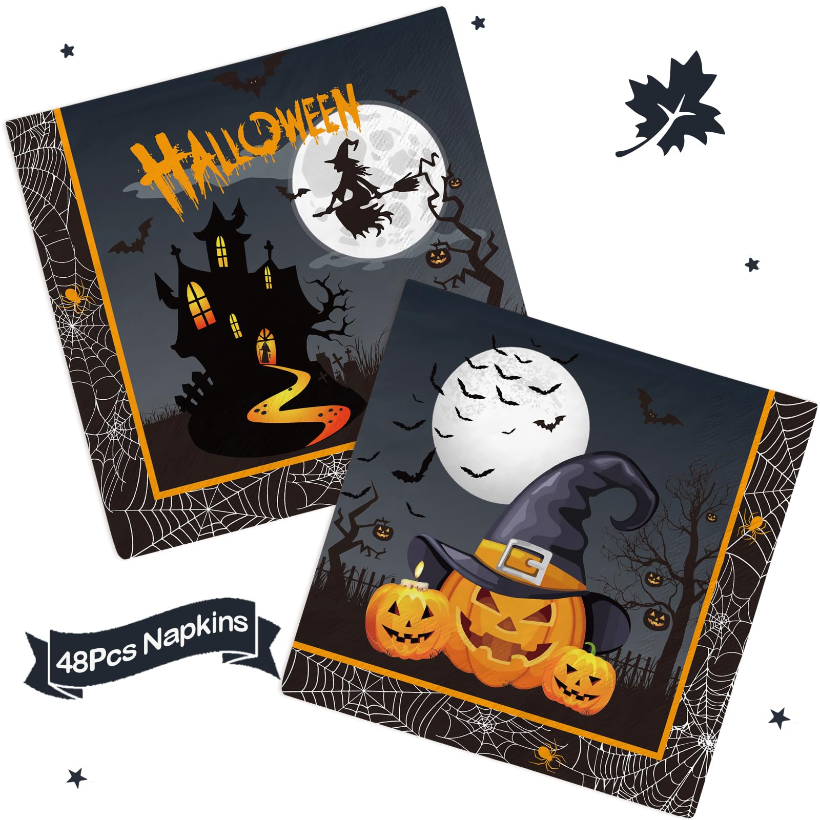 Halloween Party Plates & Tableware Set – 120 Pcs Black Witch, Pumpkin & Castle Design for 24 Guests
