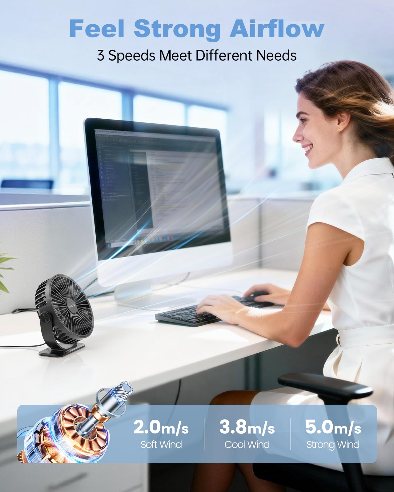 TriPole USB Desk Fan Portable Mini Personal Cooling Fan with 3 Speeds, 360° Adjustable Head and Quiet Strong Airflow for Office & Travel