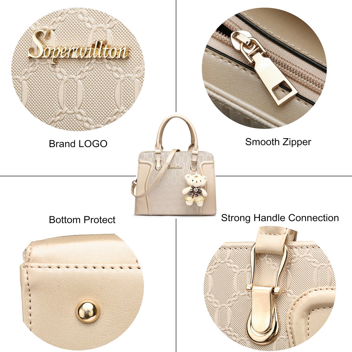 Women’s Fashion Handbag Set – 4PCS Tote, Shoulder Bag, Crossbody & Wallet Purse Set (A-Black)