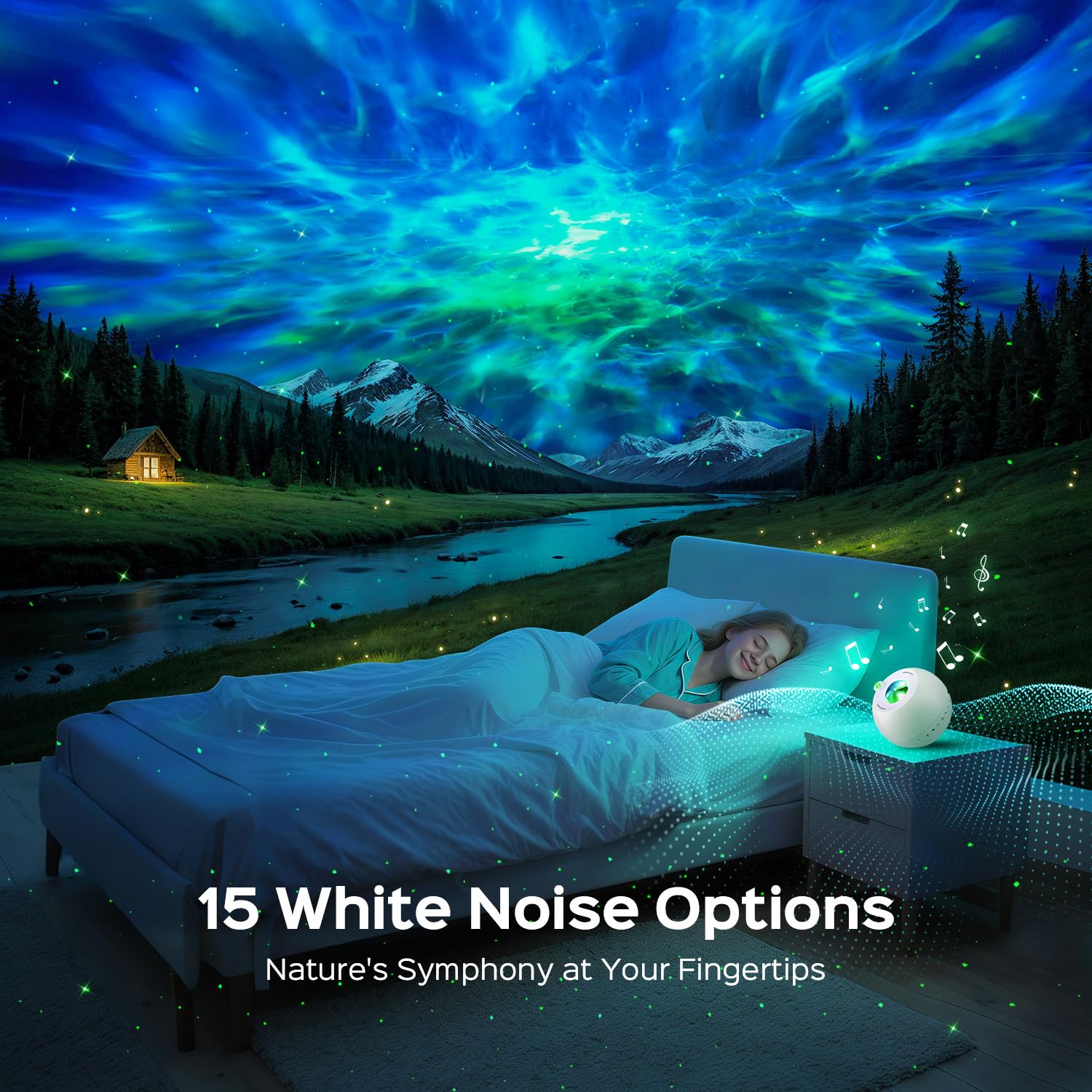 4-in-1 Galaxy Star Projector with Bluetooth Speaker – 15 Colors Aurora Night Light & White Noise Machine