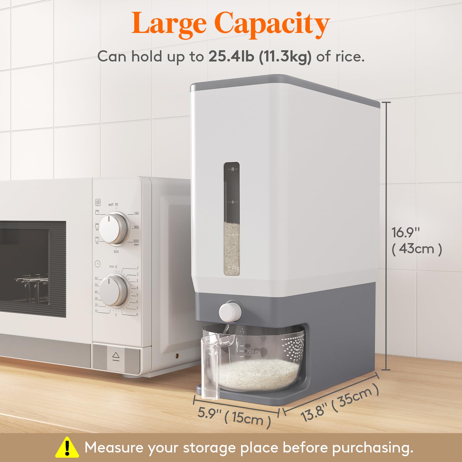 Large Capacity Rice Storage Dispenser – 25.4 lb Airtight Grain Container with Measuring Cup (Light Grey)