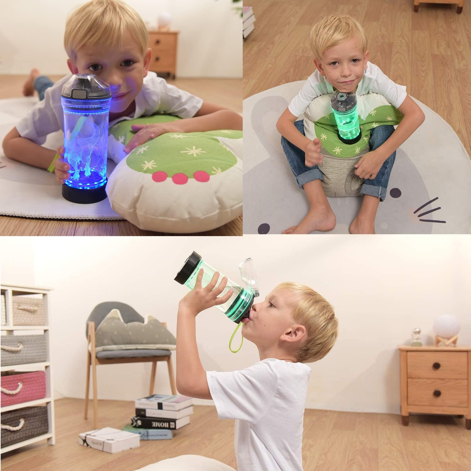 14 oz Kids Dinosaur Light-Up Water Bottle – BPA-Free Leakproof Tritan School Bottle with Carry Strap