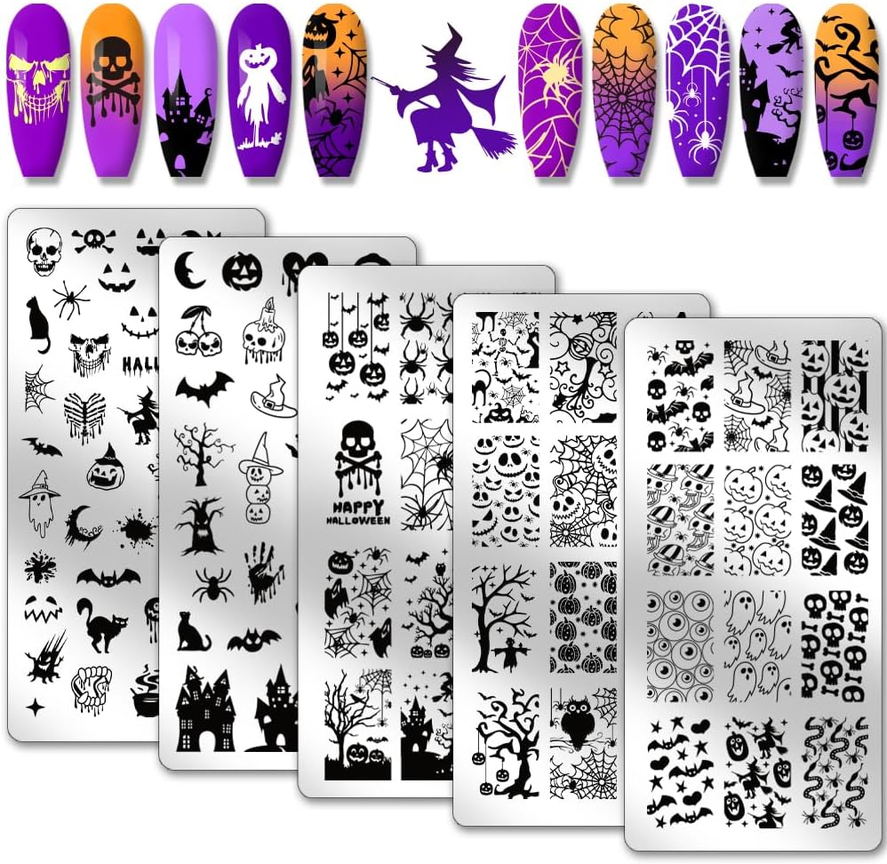 Halloween Nail Stamping Plates Set – 5Pcs Stainless Steel Templates with Ghost, Pumpkin, Skull & Spider Web Designs
