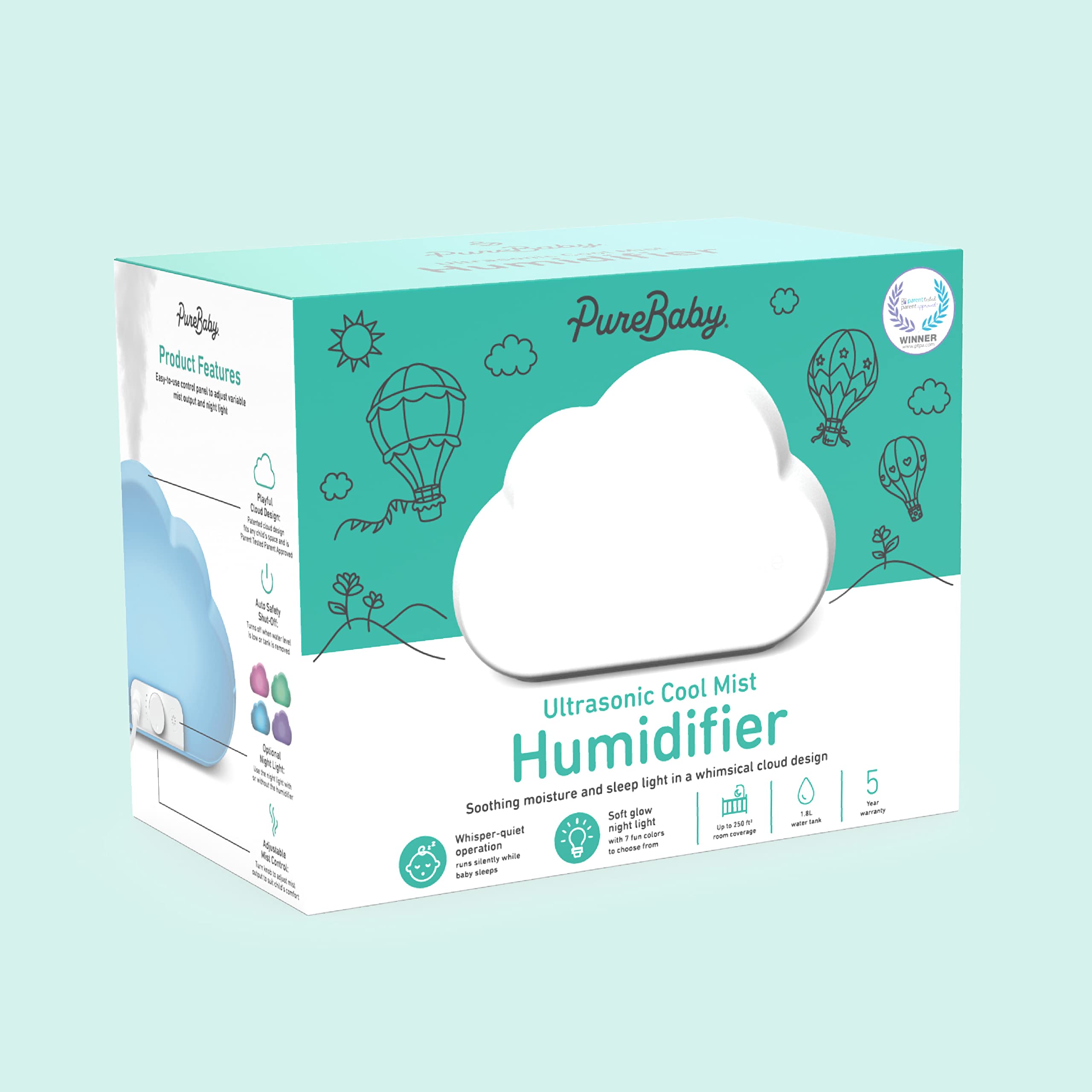 PureBaby Cloud Cool Mist Humidifier with Night Light – 1.8L Ultrasonic Nursery Humidifier for Baby Room (24-Hour Moisture)