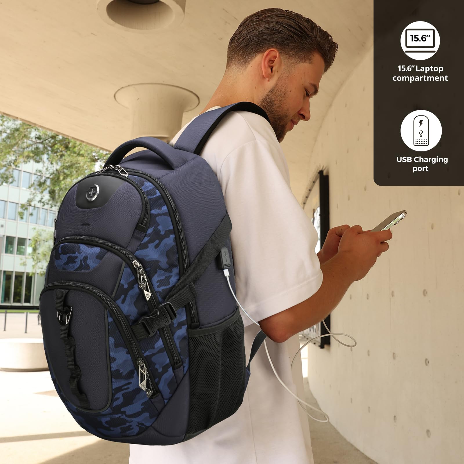 Swissdigital Design Laptop Backpack with USB-C Charging & RFID Protection – 31L Travel & College Backpack (Blue Camo)