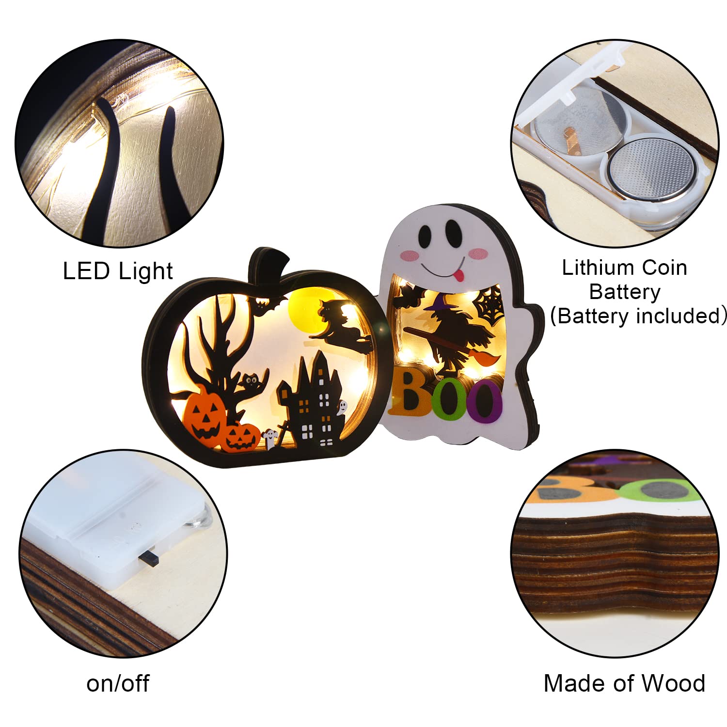 Wooden Halloween Pumpkin & Ghost Lantern Set – Light-Up Table Decorations with Warm Glow