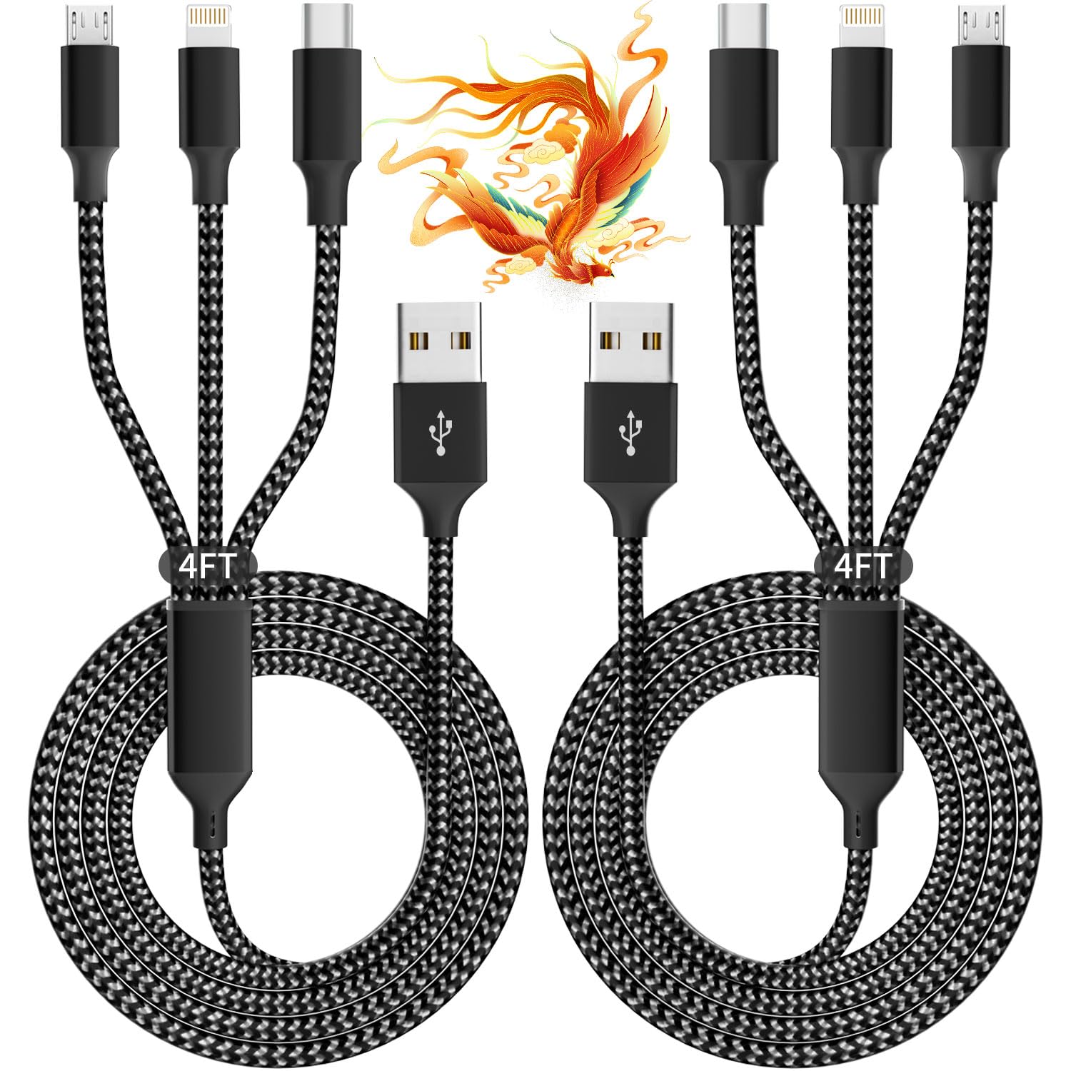 3-in-1 Universal Multi Charging Cable (2-Pack, 4FT) – USB, Type-C & Lightning Fast Charging Cord for iPhone, Android & Multiple Devices