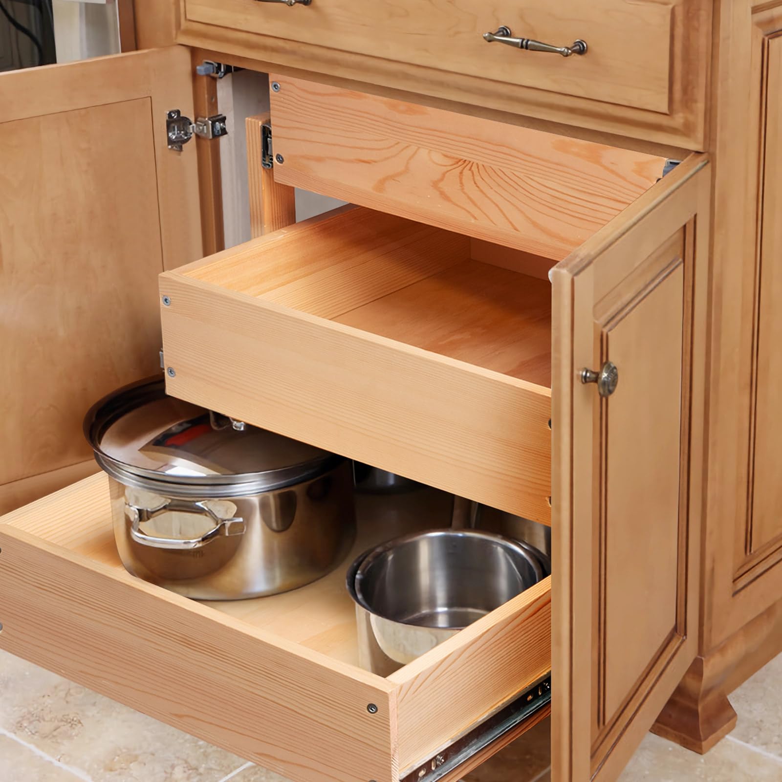 Mulush 3-Tier Pull-Out Wooden Cabinet Drawers with Soft-Close Slides – Heavy-Duty Kitchen Storage Organizer