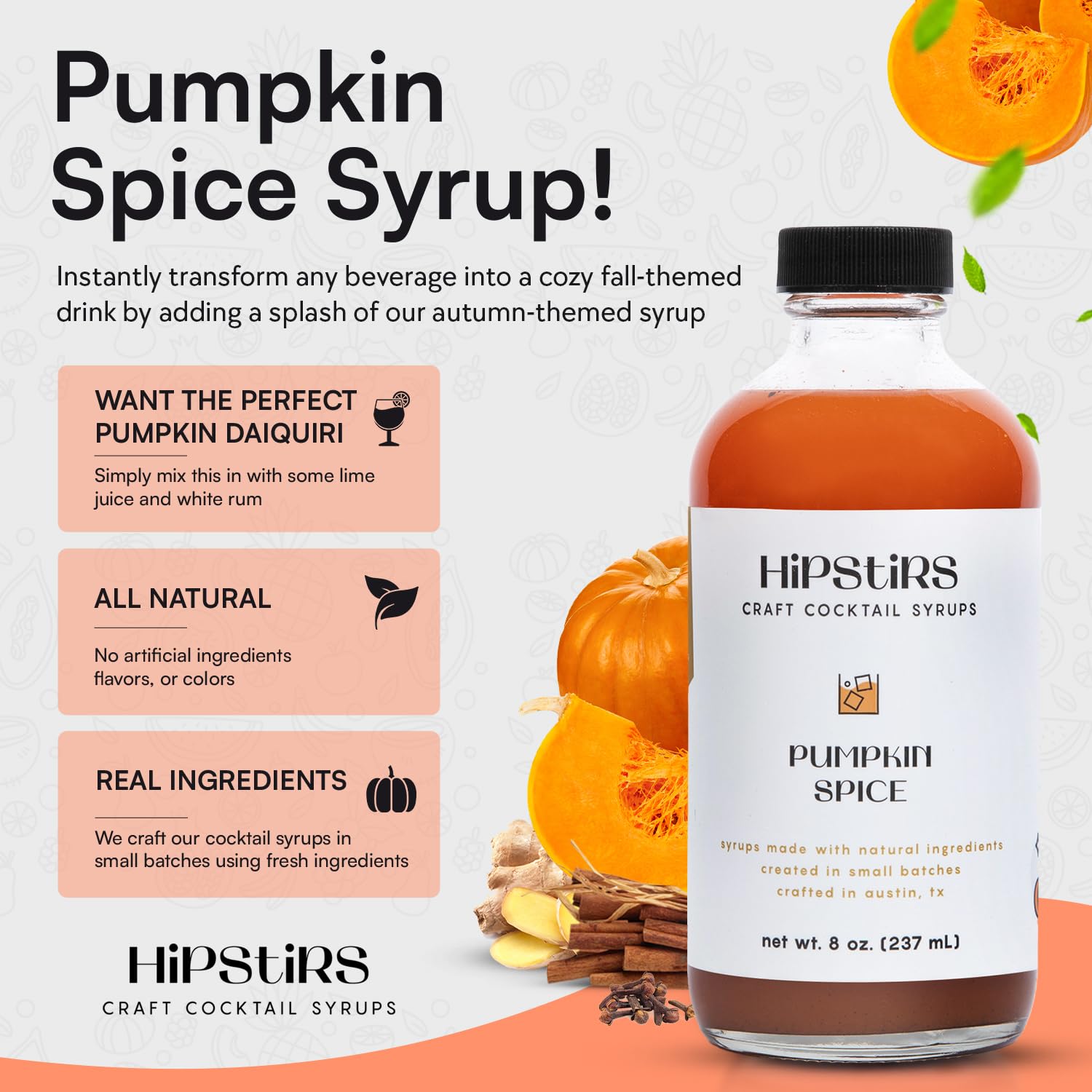 HipStirs Pumpkin Spice Syrup – All-Natural Vegan Drink Mix for Coffee, Cocoa & Cocktails (8 oz)