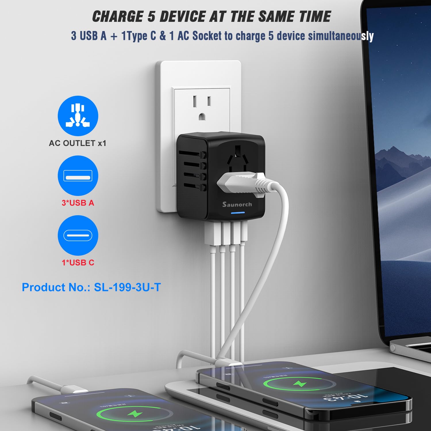 SAUNORCH Universal International Travel Power Adapter – USB-C & USB-A Fast Charging, Worldwide Plug (Black)