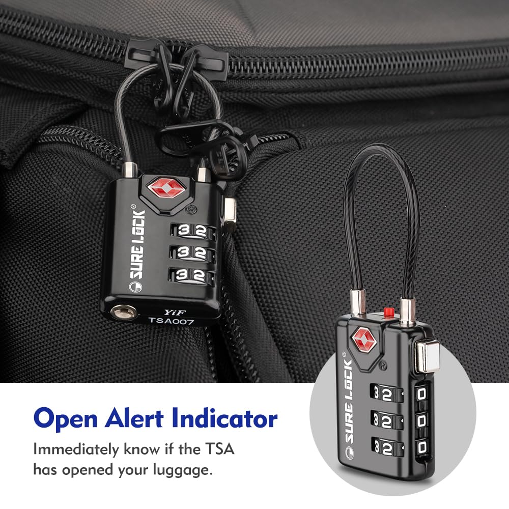 TSA Approved Cable Luggage Locks 2 Pack with Open Alert Indicator, 3 Digit Combination Travel Locks for Suitcases & Backpacks