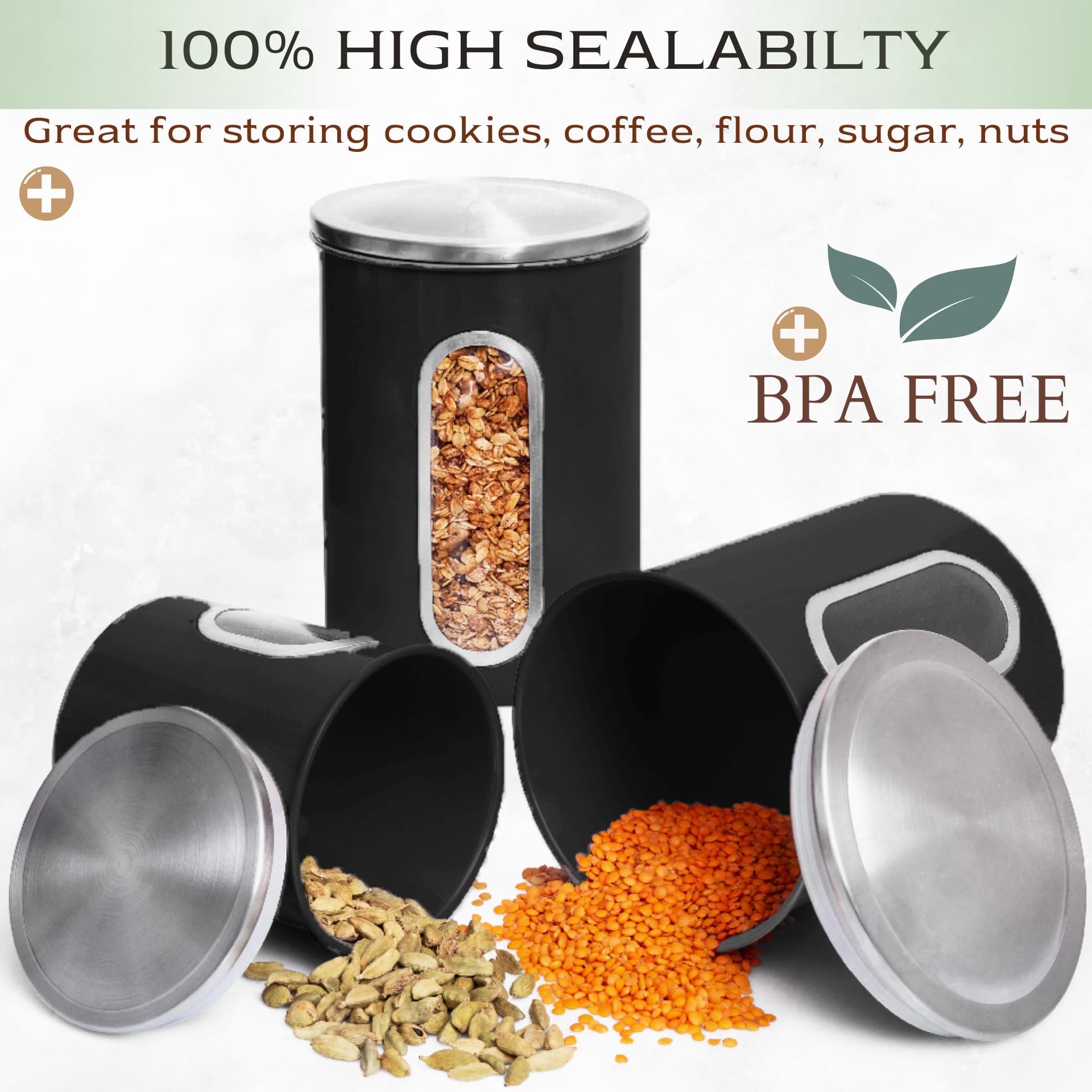 Airtight Metal Kitchen Canister Set – 3-Piece Stainless Steel Storage with Window (Black)