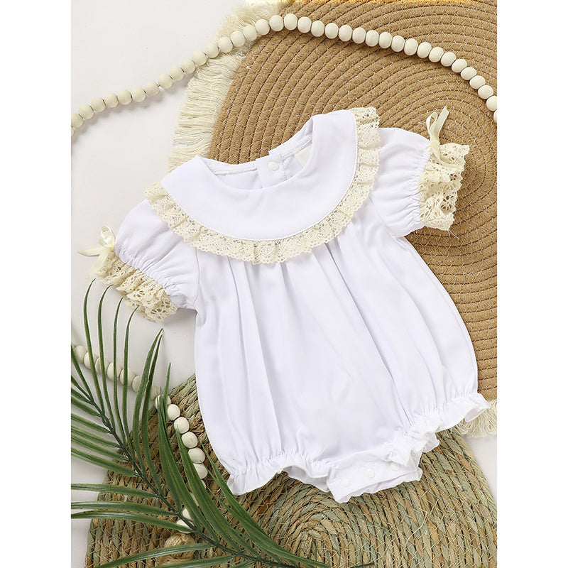 Baby Girl White Lace Romper 👶✨ Short-Sleeve Bubble Jumpsuit for Summer & Weddings 💒☀️