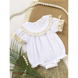 Baby Girl White Lace Romper 👶✨ Short-Sleeve Bubble Jumpsuit for Summer & Weddings 💒☀️