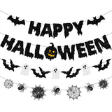 Black Glitter “Happy Halloween” Banner Set 🕷️ – Pre-Assembled Party Garland with Spiders, Bats & Webs
