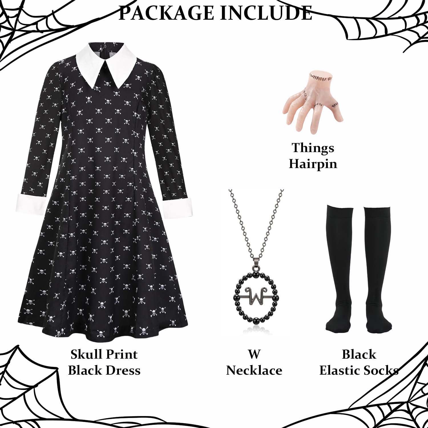 Girls Black Halloween Costume Set – Skull Print Dress, Necklace, Hairpin & Socks (Kids Princess Cosplay)