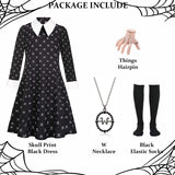Girls Black Halloween Costume Set – Skull Print Dress, Necklace, Hairpin & Socks (Kids Princess Cosplay)