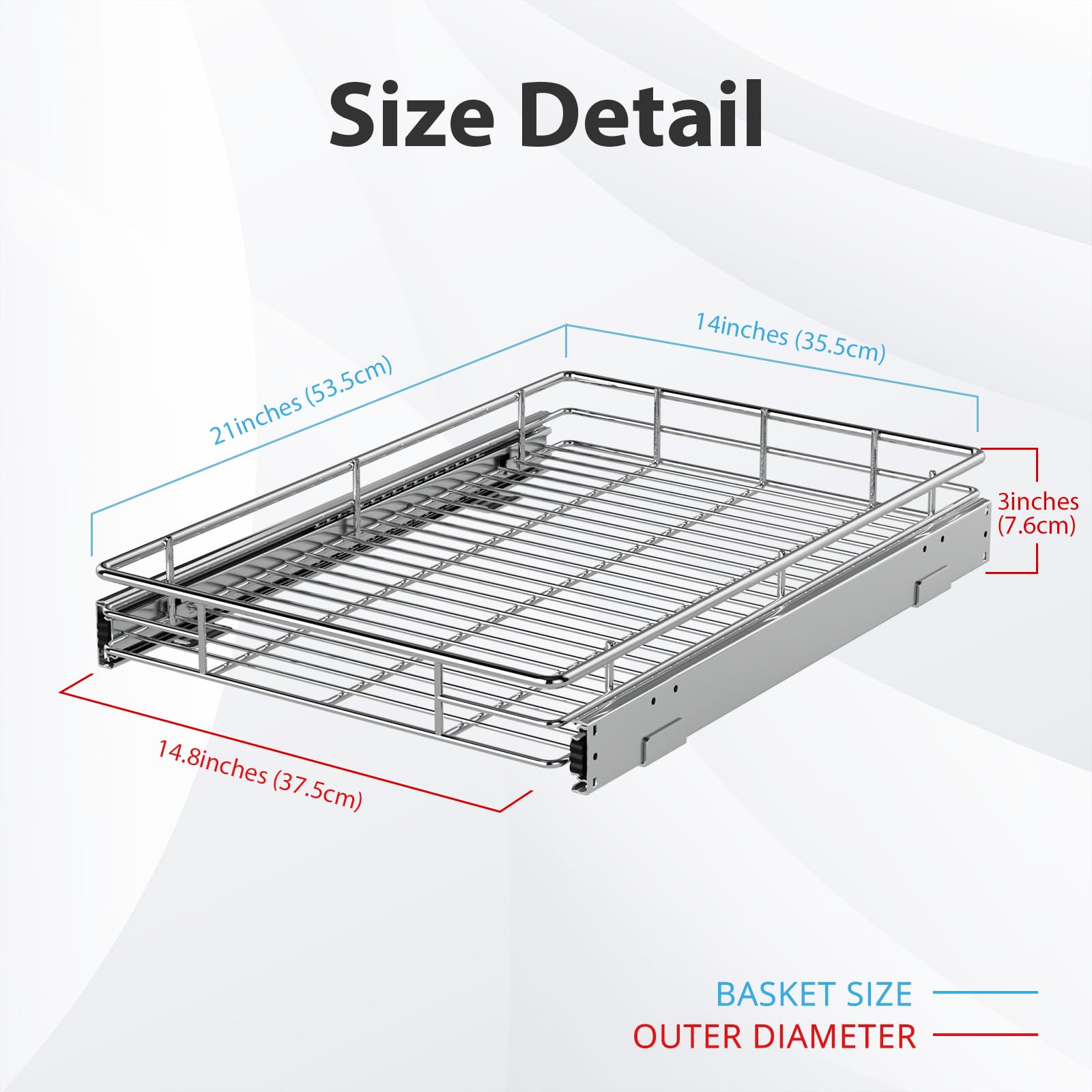 Heavy-Duty Pull-Out Cabinet Organizer – Chrome Slide-Out Drawer Basket for Kitchen Storage (14.8” W x 21” D)
