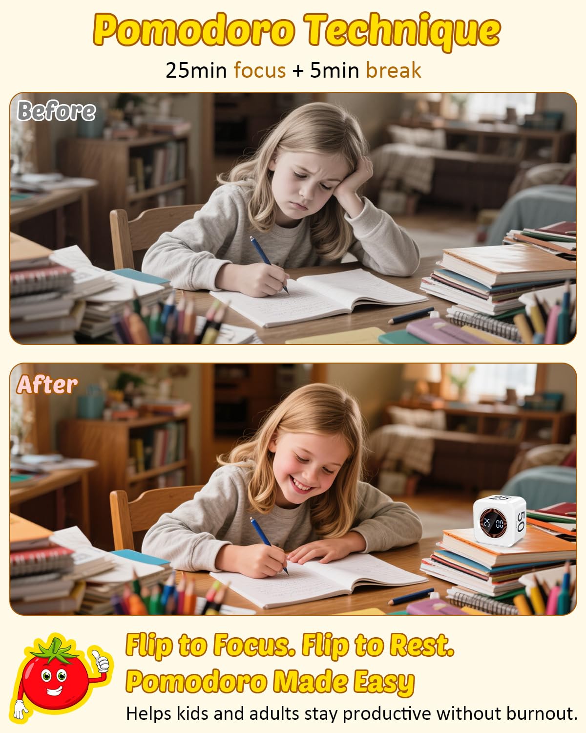 Kids-Friendly Flip Cube Pomodoro Timer with Visual LED Time Bars, Silent Mode & USB-C Rechargeable – White