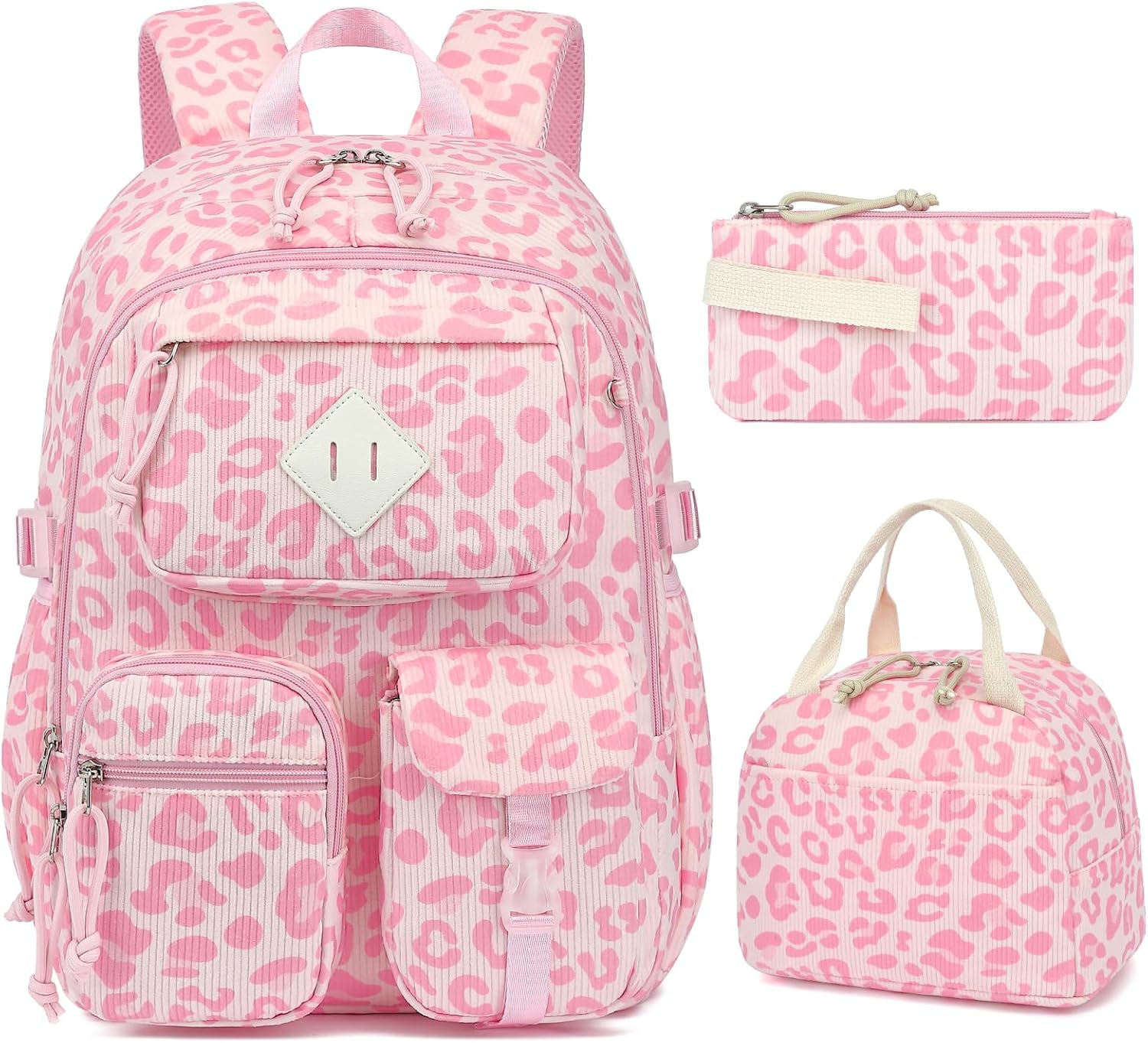 Pink Leopard Corduroy 3-Piece School Backpack Set