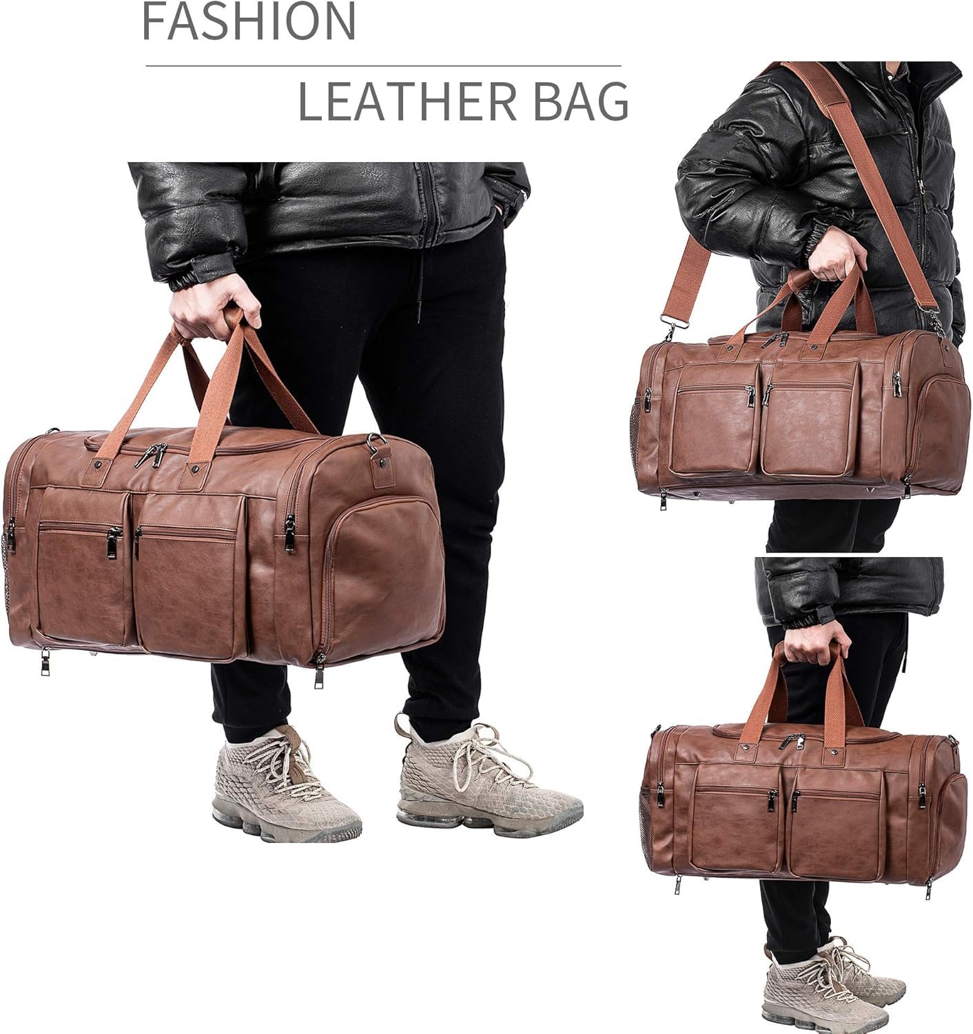 Leather Travel Duffel Bag with Shoe Compartment – Large Waterproof PU Weekender Carry-On Bag (Brown)