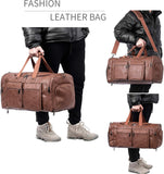 Leather Travel Duffel Bag with Shoe Compartment – Large Waterproof PU Weekender Carry-On Bag (Brown)