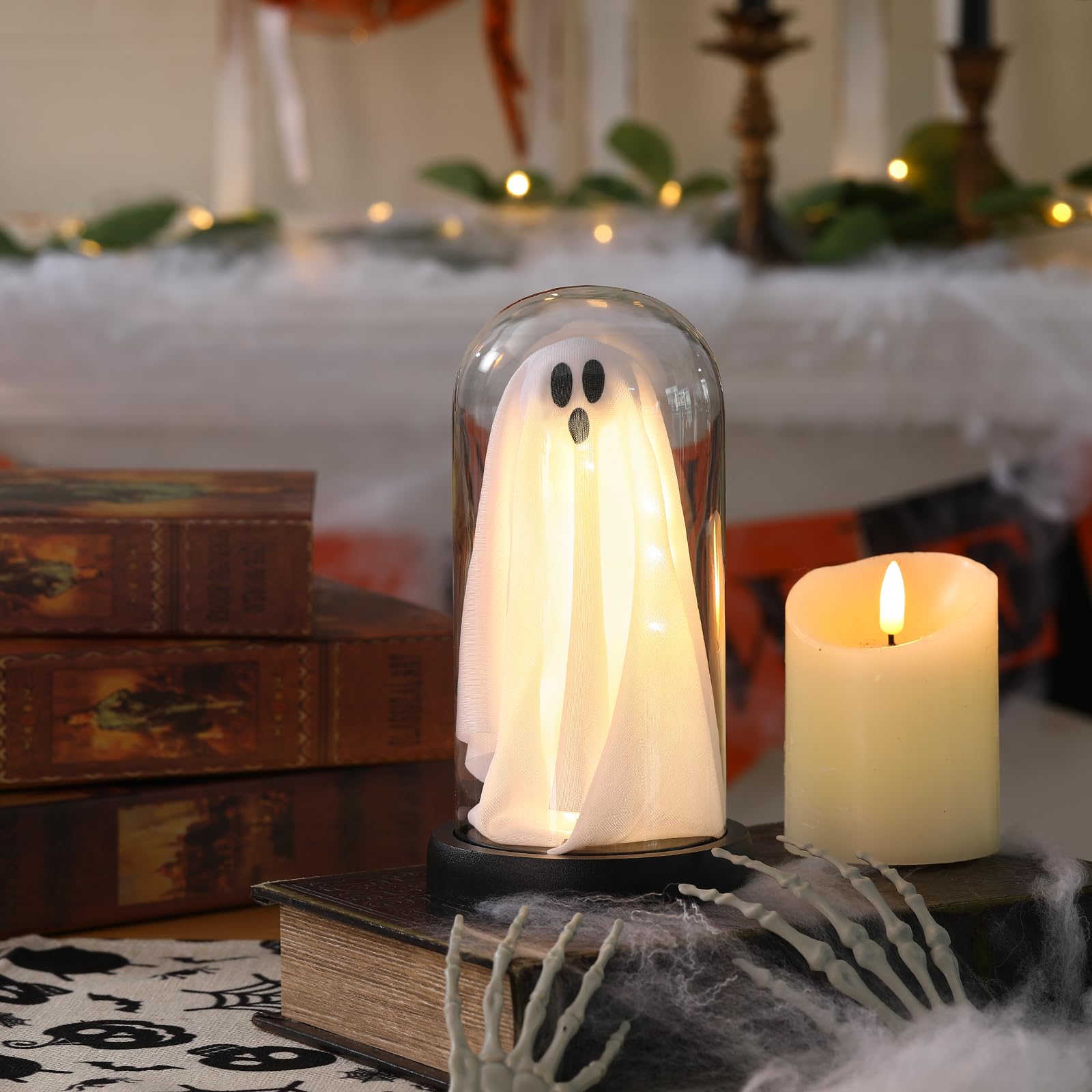 Halloween Light-Up Ghost in Glass Cloche – Handmade LED Decoration for Table, Mantel & Home Décor (White, 8.3x4.3 Inches)